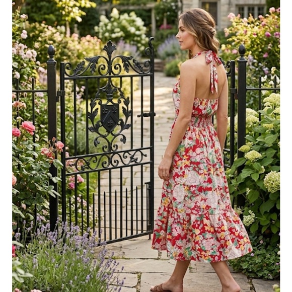 PrettyGarden Dresses & Skirts - Pretty garden Floral Red Sleeveless Dress halter fun summer colors ptp 19
